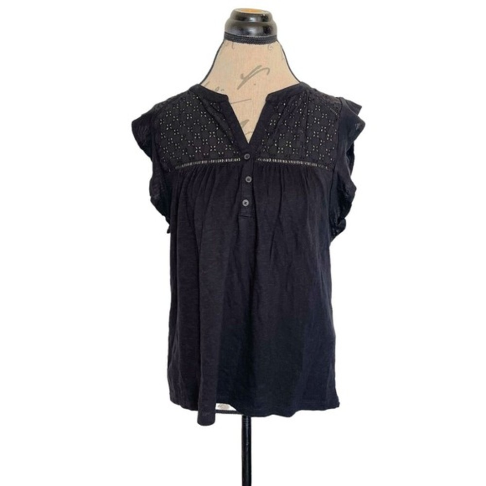 Style & Co Womens Blouse Eyelet Flutter Sleeve Black Mid Button Size Small NWT
